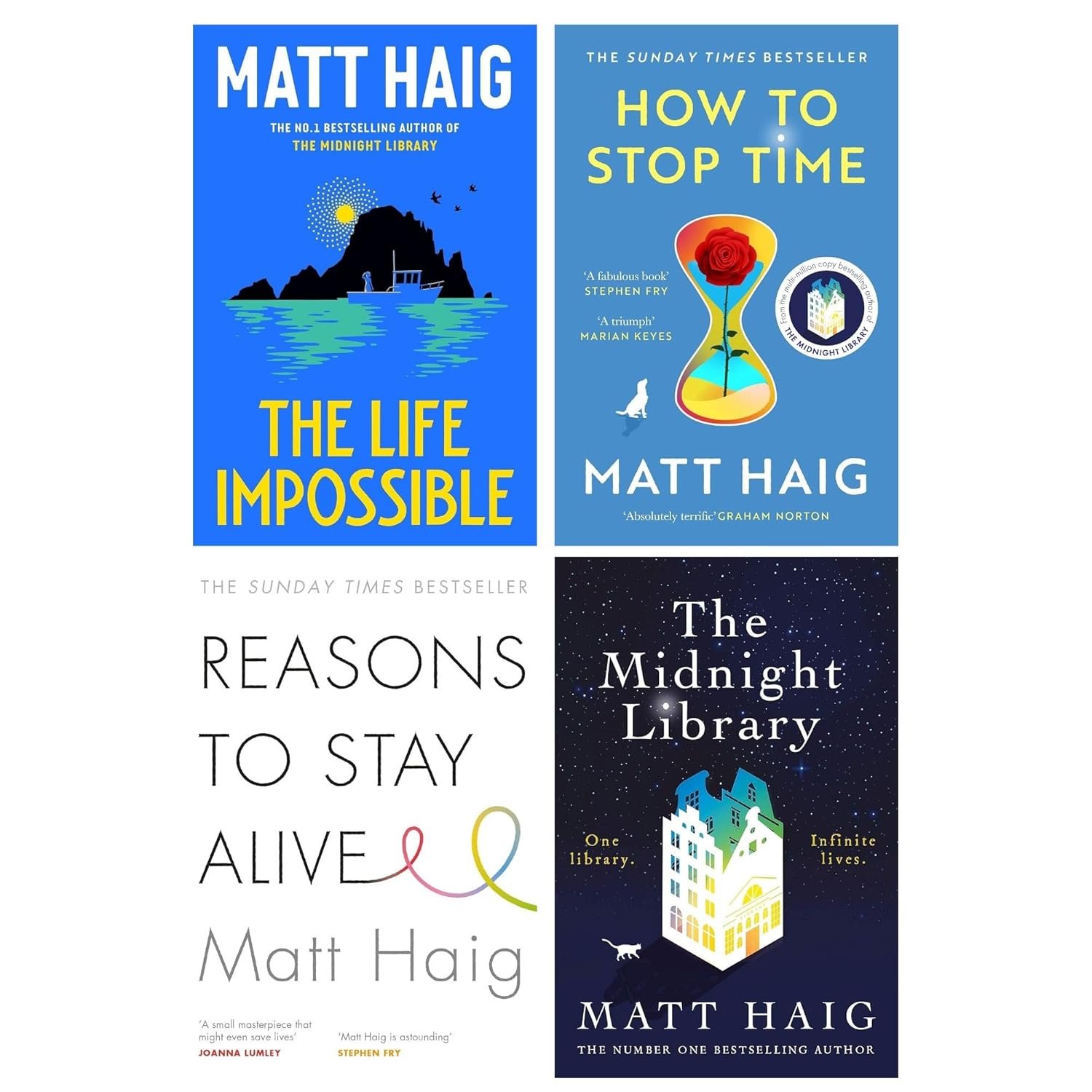 Matt Haig 4-Book Fiction Collection: The Life Impossible, How to Stop Time, Reasons to Stay Alive, The Midnight Library – Must-Read Bestseller Set