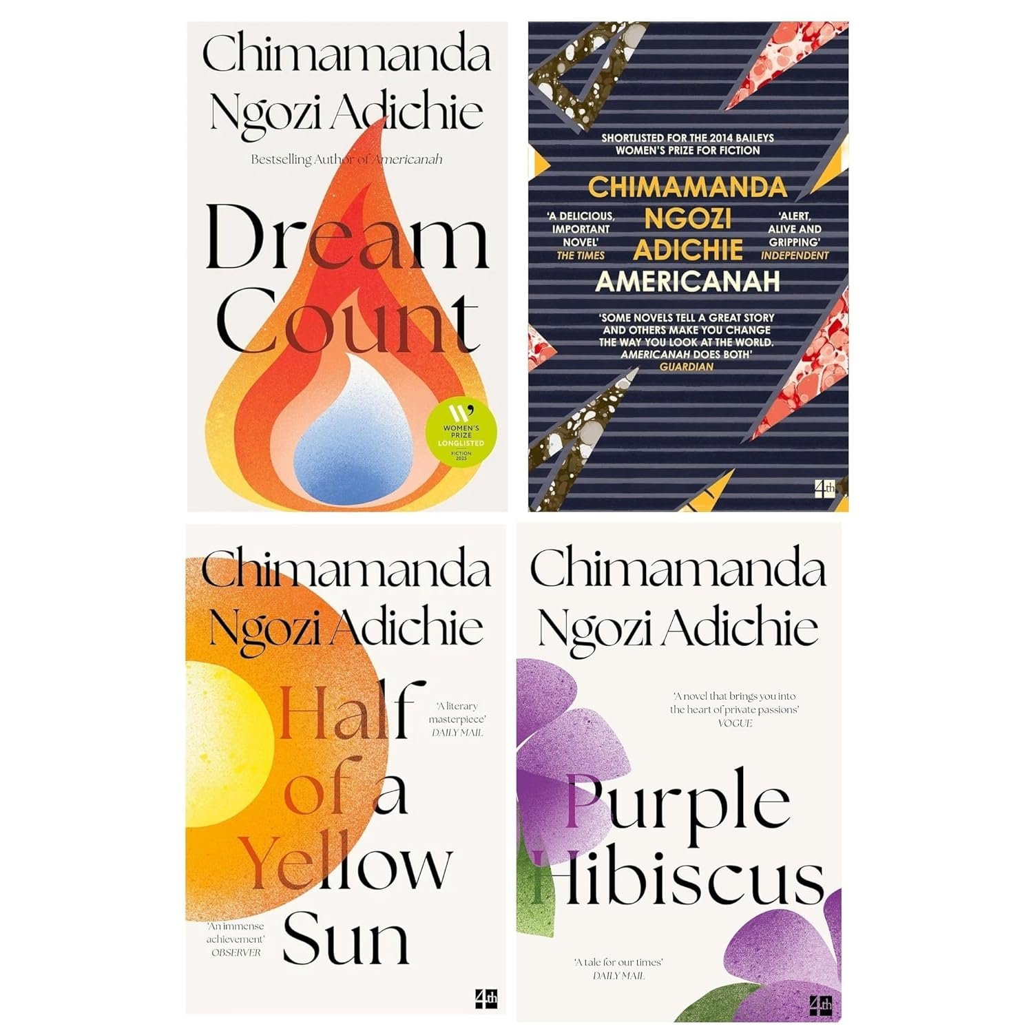 Chimamanda Ngozi Adichie 4-Book Collection Set: Dream Count, Americanah, Half of a Yellow Sun, Purple Hibiscus – Award-Winning Nigerian Literary Fiction