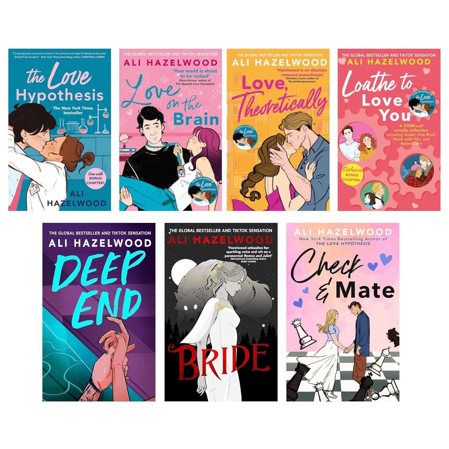 Ali Hazelwood 7 Books Romance Collection Set The Love Hypothesis, Love on the Brain, Love Theoretically, Loathe to Love You, Deep End, Bride and Check & Mate
